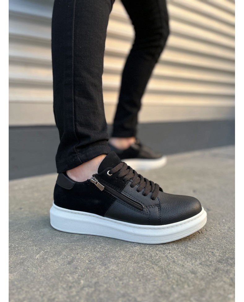 JY155 Warrior Bağcıklı ve Fermuarlı Cilt Süet Erkek Günlük Sneaker Ayakkabı CSBT - Siyah