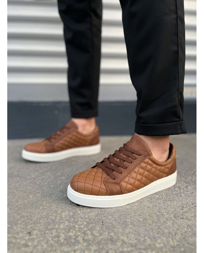 JY166 Prestige Bağcıklı Cilt Kapitone Desenli Erkek Günlük Sneaker Ayakkabı CBT - Taba