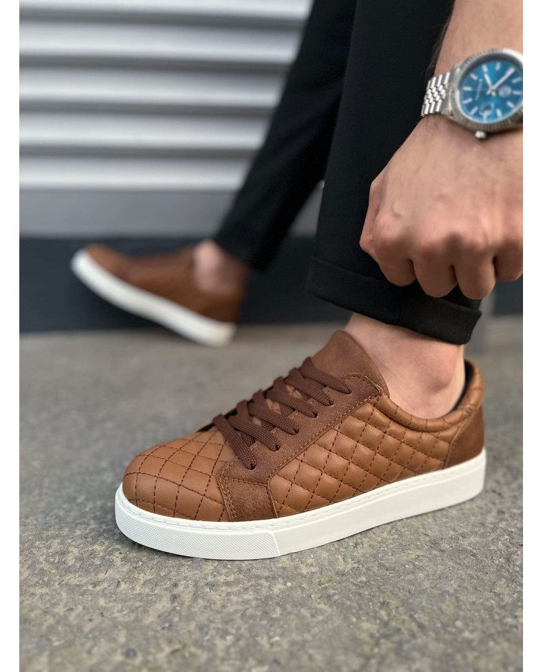 JY166 Prestige Bağcıklı Cilt Kapitone Desenli Erkek Günlük Sneaker Ayakkabı CBT - Taba