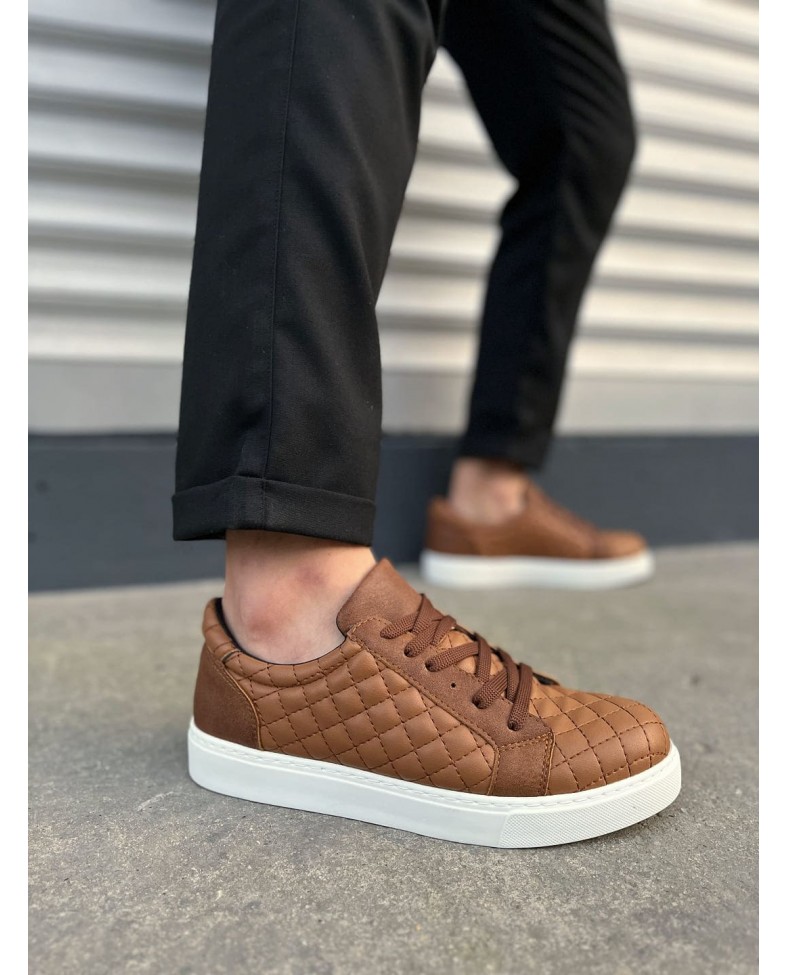 JY166 Prestige Bağcıklı Cilt Kapitone Desenli Erkek Günlük Sneaker Ayakkabı CBT - Taba