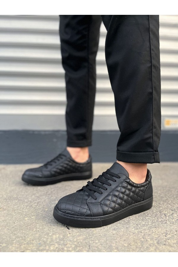 JY166 Prestige Bağcıklı Cilt Kapitone Desenli Erkek Günlük Sneaker Ayakkabı CST - Siyah