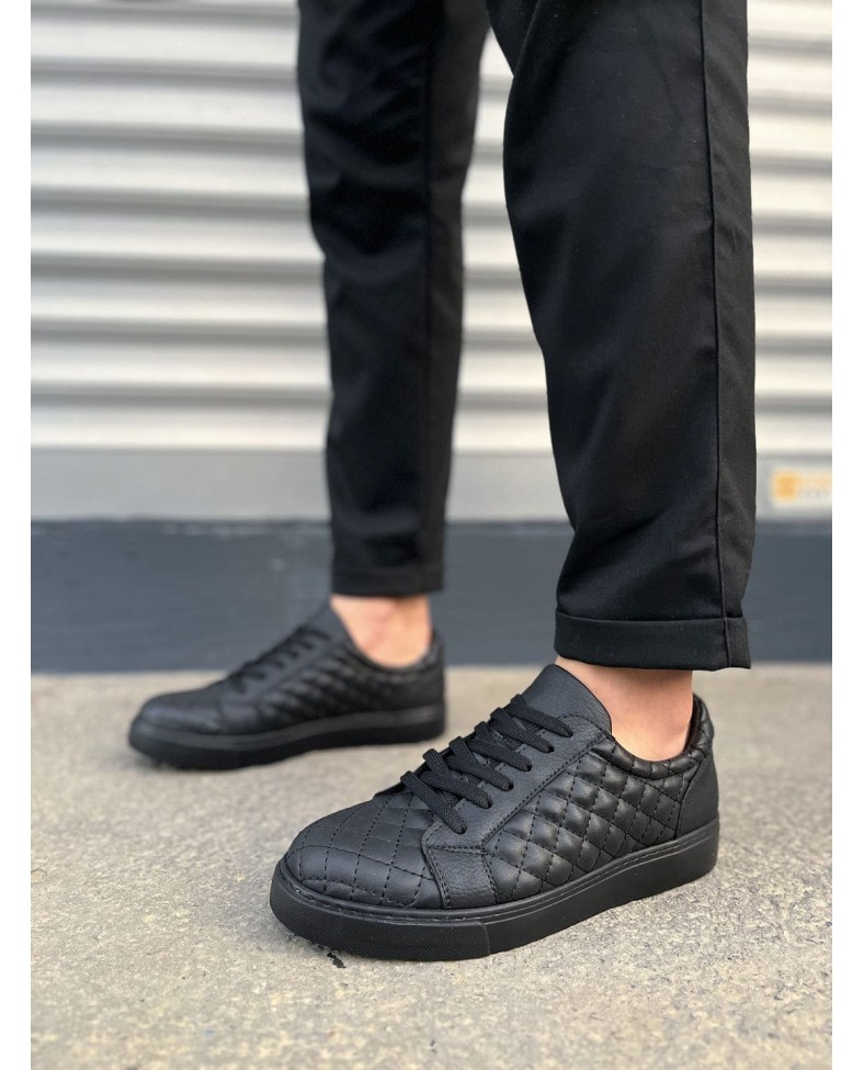 JY166 Prestige Bağcıklı Cilt Kapitone Desenli Erkek Günlük Sneaker Ayakkabı CST - Siyah