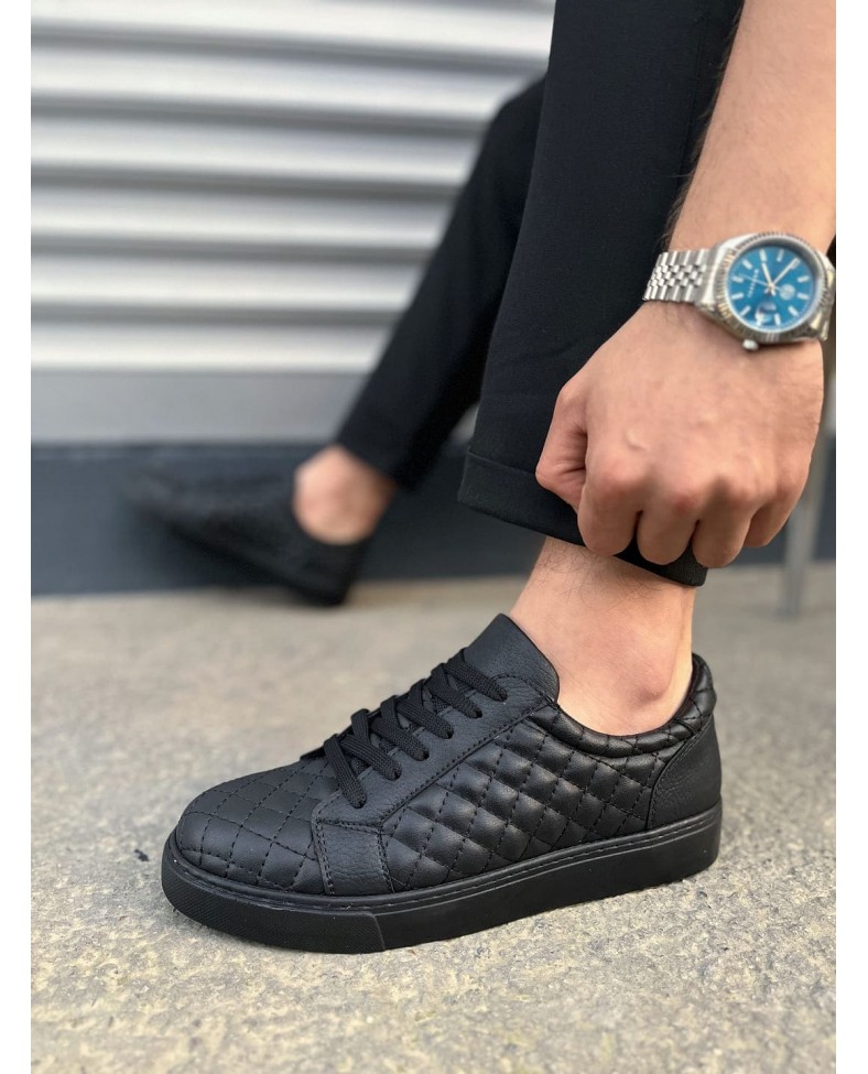 JY166 Prestige Bağcıklı Cilt Kapitone Desenli Erkek Günlük Sneaker Ayakkabı CST - Siyah
