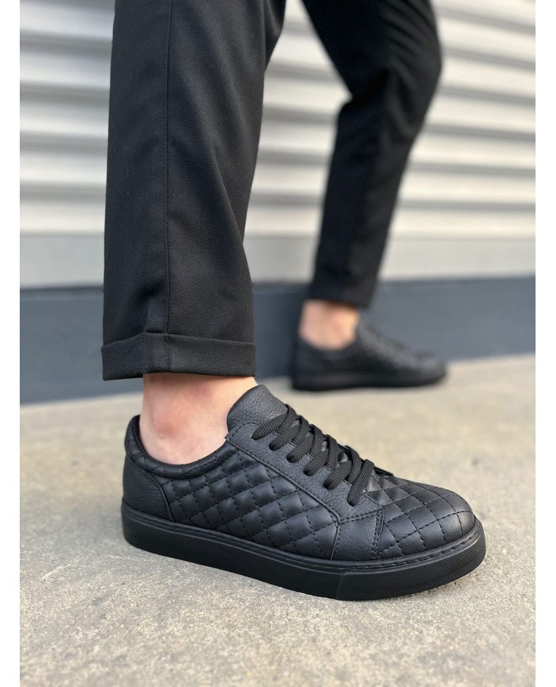 JY166 Prestige Bağcıklı Cilt Kapitone Desenli Erkek Günlük Sneaker Ayakkabı CST - Siyah