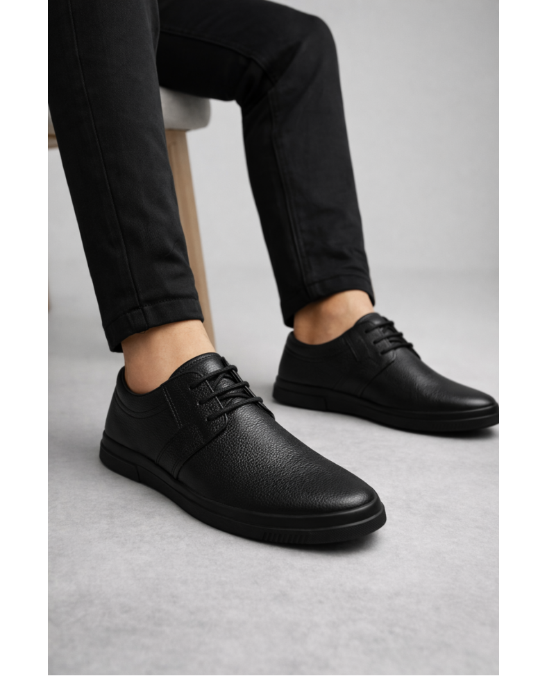 JY1916 Soles Bağcıklı Hakiki Deri Erkek Günlük Klasik Ayakkabı DST - Siyah