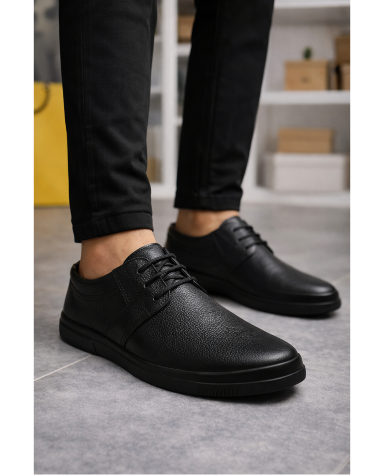 JY1916 Soles Bağcıklı Hakiki Deri Erkek Günlük Klasik Ayakkabı DST - Siyah