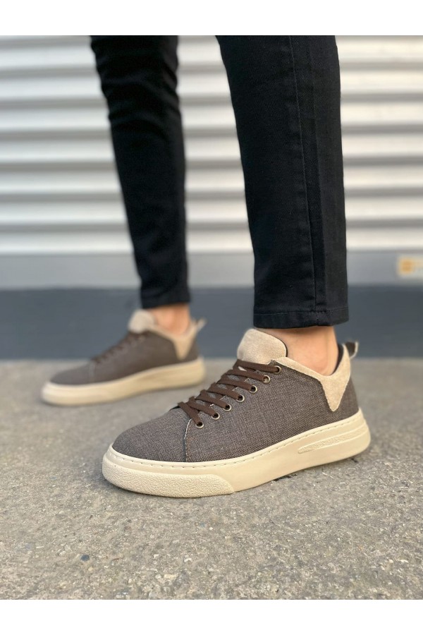 JY204 Flex Bağcıklı Keten Kumaş Erkek Günlük Sneaker Ayakkabı KKT - Kahverengi/Krem