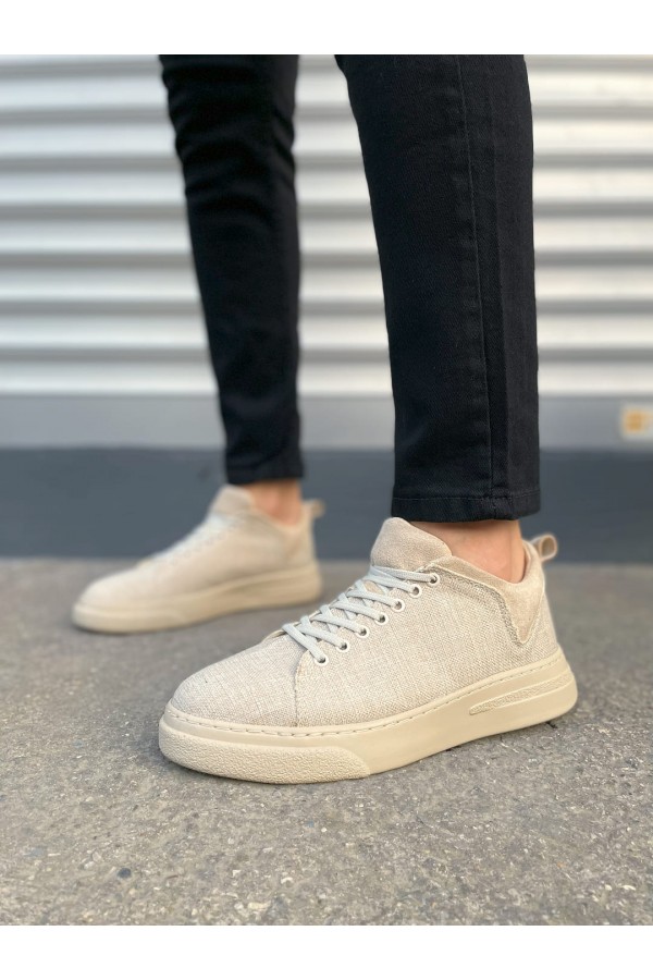 JY204 Flex Bağcıklı Keten Kumaş Erkek Günlük Sneaker Ayakkabı KKT - Krem