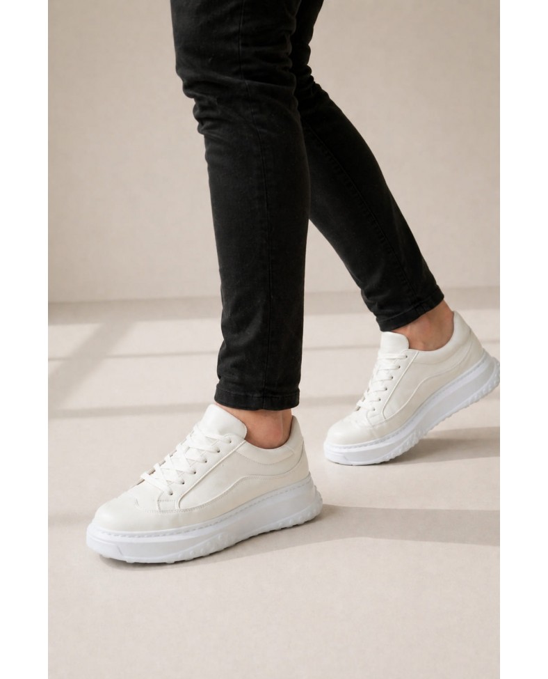 JY507 Dara Bağcıklı Cilt Erkek Günlük Sneaker Ayakkabı CBT Beyaz