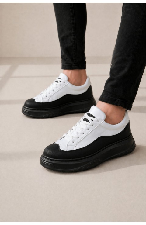 JY507 Dara Bağcıklı Cilt Erkek Günlük Sneaker Ayakkabı CST Beyaz/Siyah