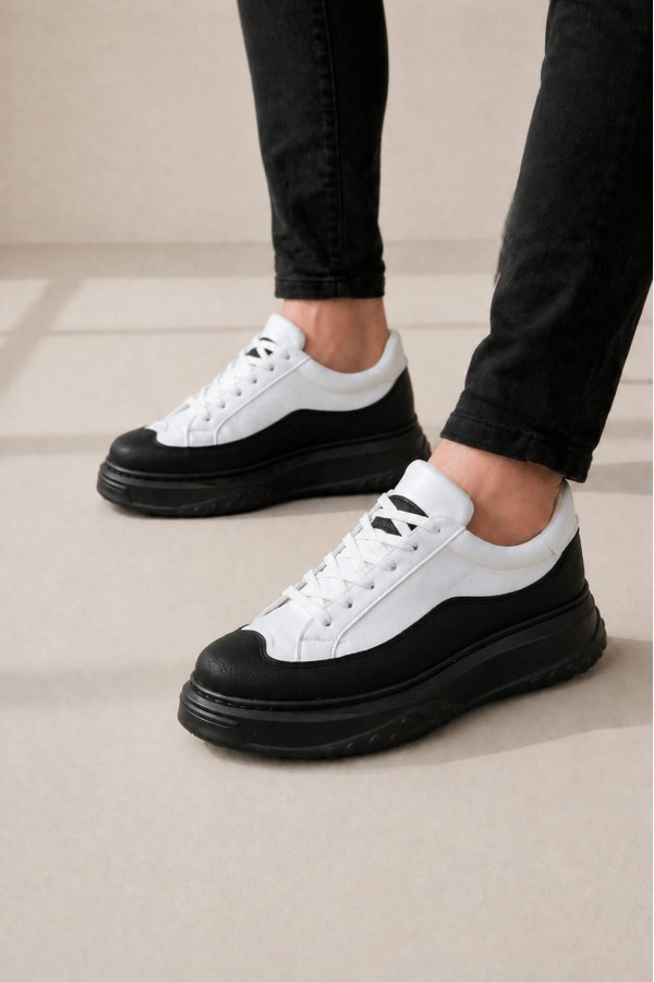 JY507 Dara Bağcıklı Cilt Erkek Günlük Sneaker Ayakkabı CST Beyaz/Siyah
