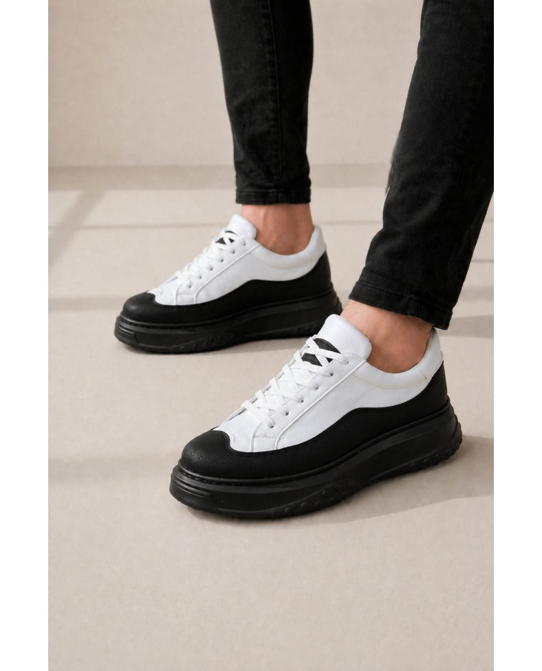 JY507 Dara Bağcıklı Cilt Erkek Günlük Sneaker Ayakkabı CST Beyaz/Siyah