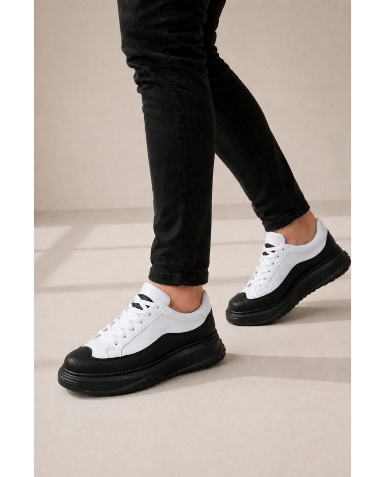 JY507 Dara Bağcıklı Cilt Erkek Günlük Sneaker Ayakkabı CST Beyaz/Siyah