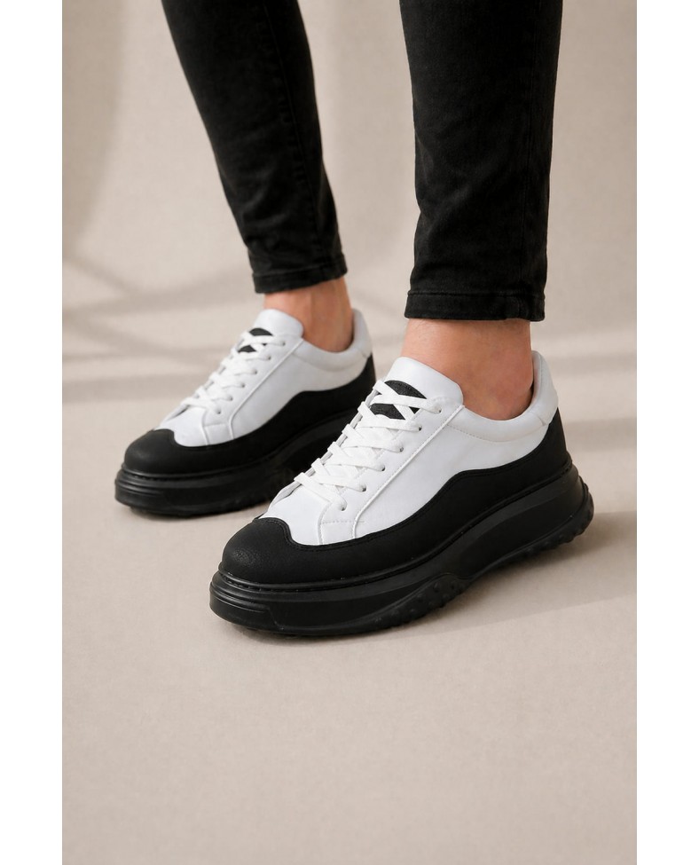 JY507 Dara Bağcıklı Cilt Erkek Günlük Sneaker Ayakkabı CST Beyaz/Siyah