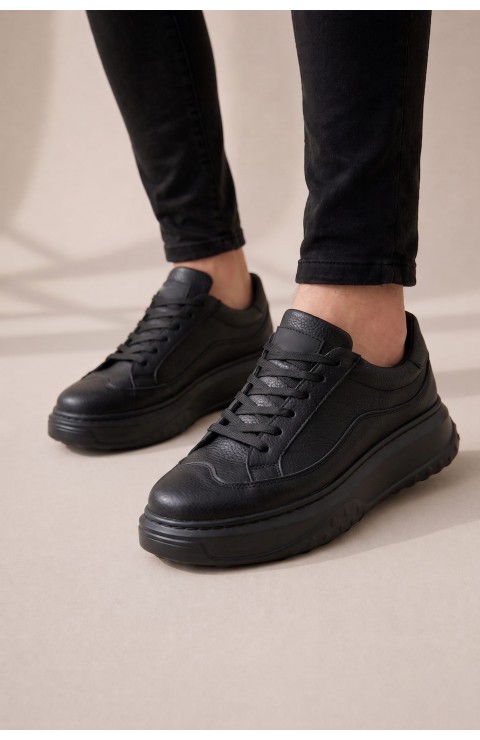 JY507 Dara Bağcıklı Cilt Erkek Günlük Sneaker Ayakkabı CST Siyah
