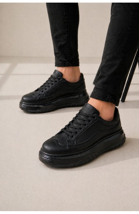 JY507 Dara Bağcıklı Cilt Erkek Günlük Sneaker Ayakkabı CST Siyah