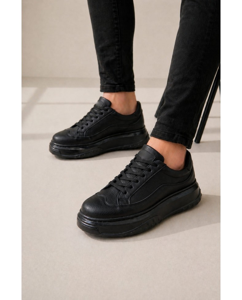 JY507 Dara Bağcıklı Cilt Erkek Günlük Sneaker Ayakkabı CST Siyah