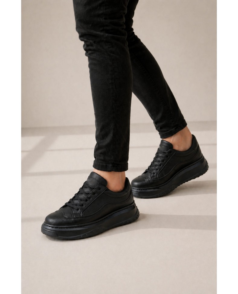 JY507 Dara Bağcıklı Cilt Erkek Günlük Sneaker Ayakkabı CST Siyah