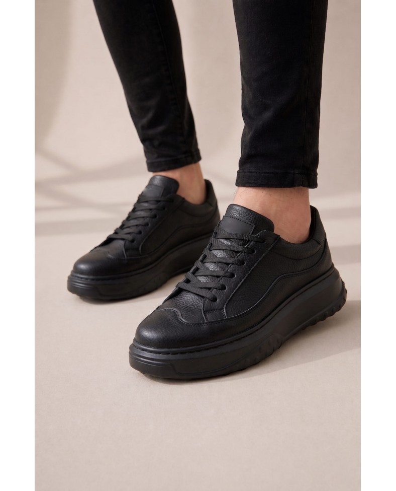 JY507 Dara Bağcıklı Cilt Erkek Günlük Sneaker Ayakkabı CST Siyah