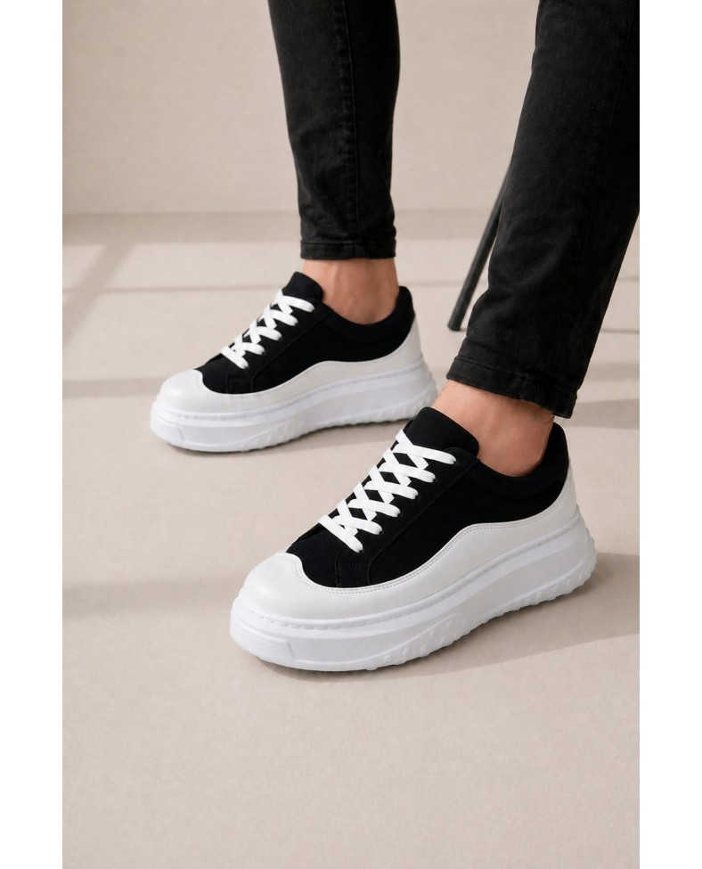 JY507 Dara Bağcıklı Süet Cilt Erkek Günlük Sneaker Ayakkabı SCBT Siyah/Beyaz