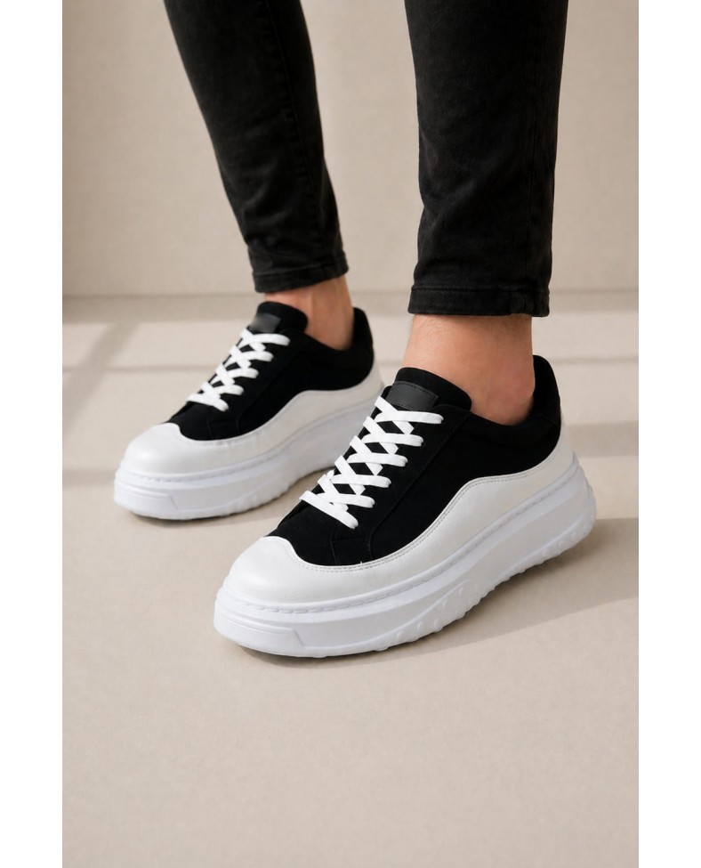 JY507 Dara Bağcıklı Süet Cilt Erkek Günlük Sneaker Ayakkabı SCBT Siyah/Beyaz