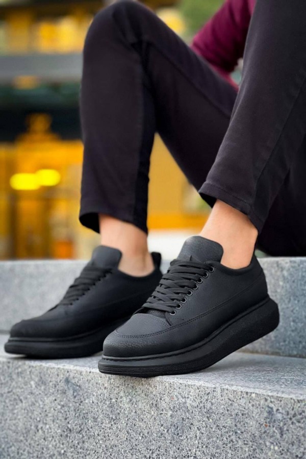 JY814 Axel Bağcıklı Cilt Erkek Günlük Sneaker Ayakkabı CST Siyah