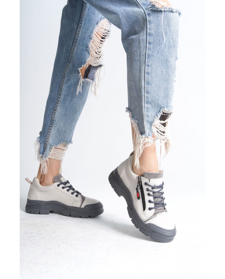 AGATHA Bağcıklı Fermuarlı Ortopedik Taban Kadın Sneaker Spor Ayakkabı CGT - Krem