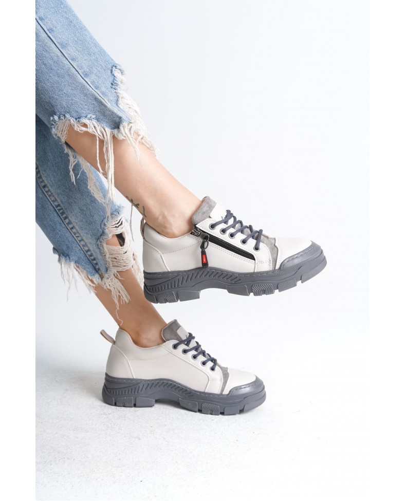 AGATHA Bağcıklı Fermuarlı Ortopedik Taban Kadın Sneaker Spor Ayakkabı CGT - Krem