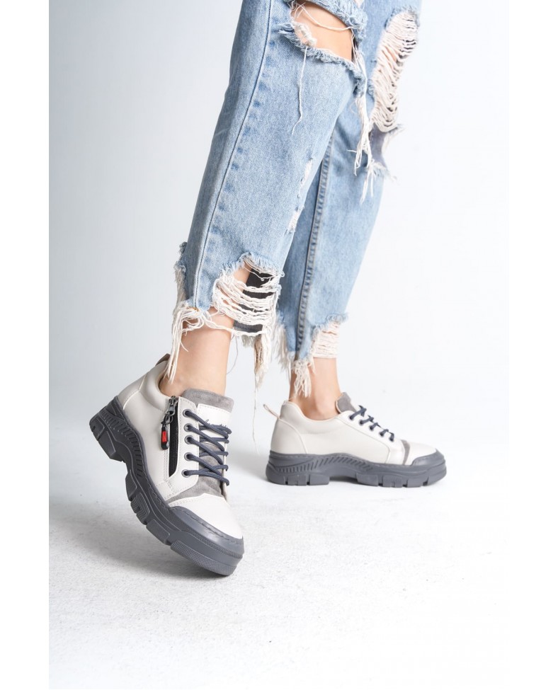 AGATHA Bağcıklı Fermuarlı Ortopedik Taban Kadın Sneaker Spor Ayakkabı CGT - Krem