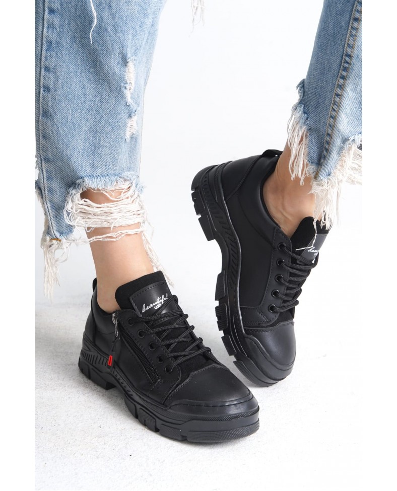 AGATHA Bağcıklı Fermuarlı Ortopedik Taban Kadın Sneaker Spor Ayakkabı CST - Siyah Somersan Giyim | Kadın, Erkek ve Çocuk Moda