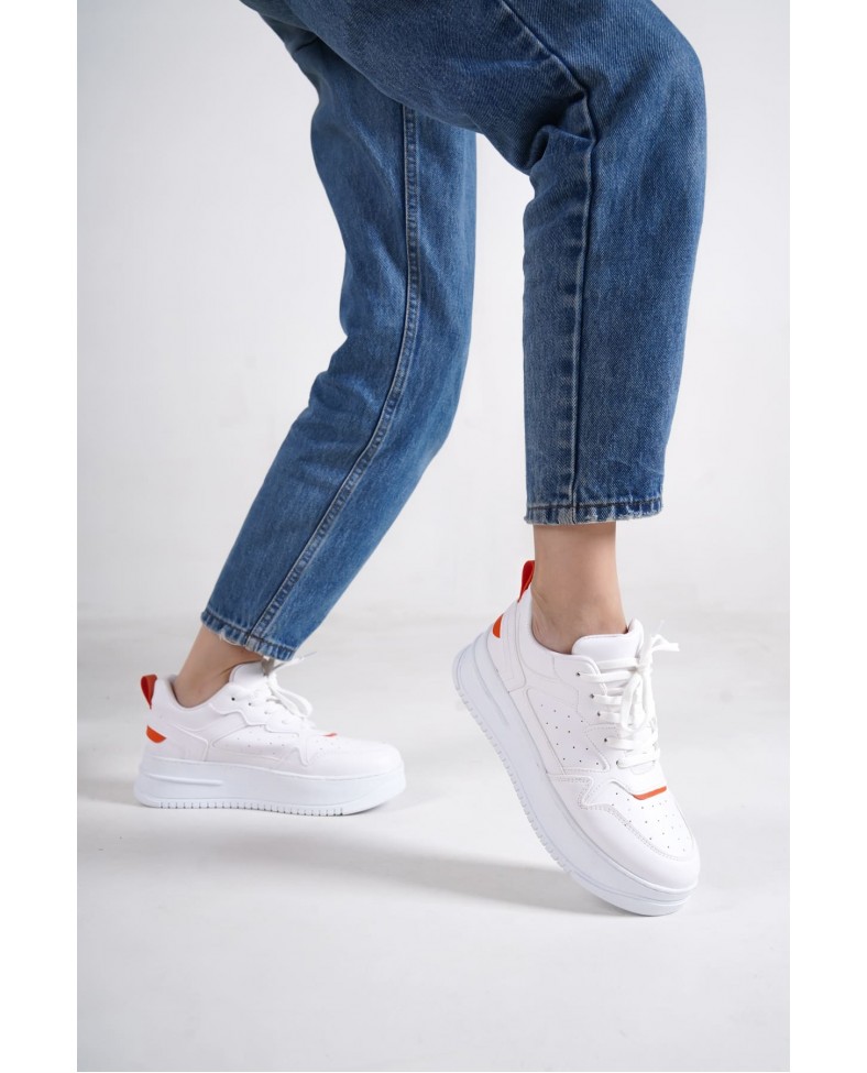 ALESSI Bağcıklı Ortopedik Taban Kadın Sneaker Spor Ayakkabı CBT - Beyaz/Turuncu