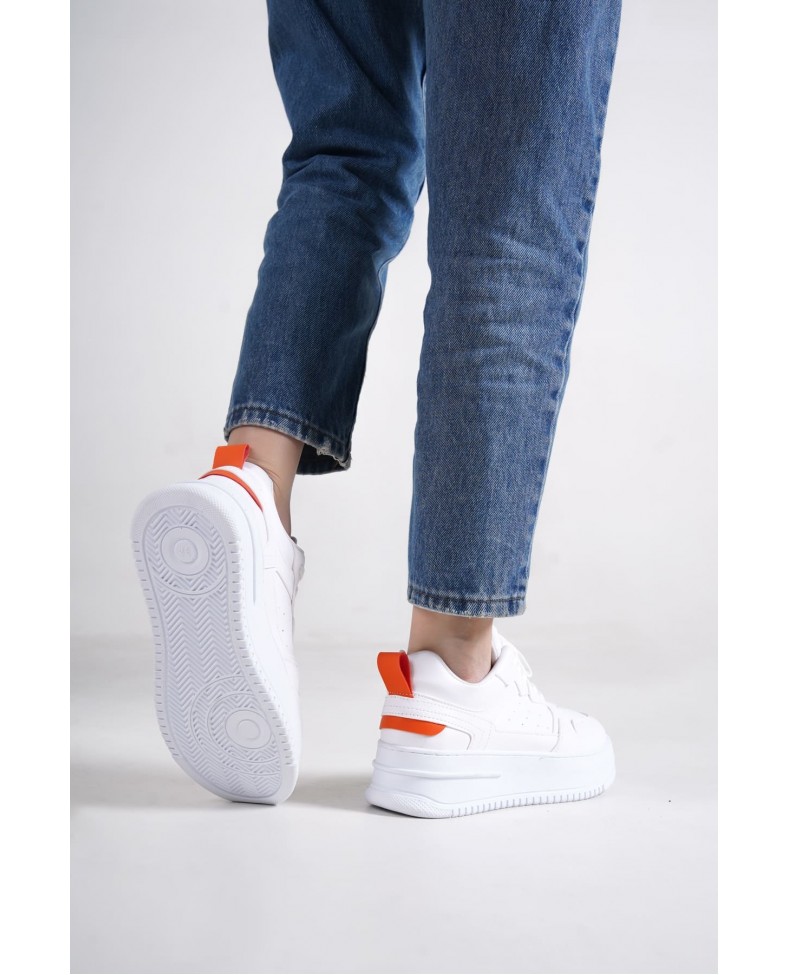 ALESSI Bağcıklı Ortopedik Taban Kadın Sneaker Spor Ayakkabı CBT - Beyaz/Turuncu