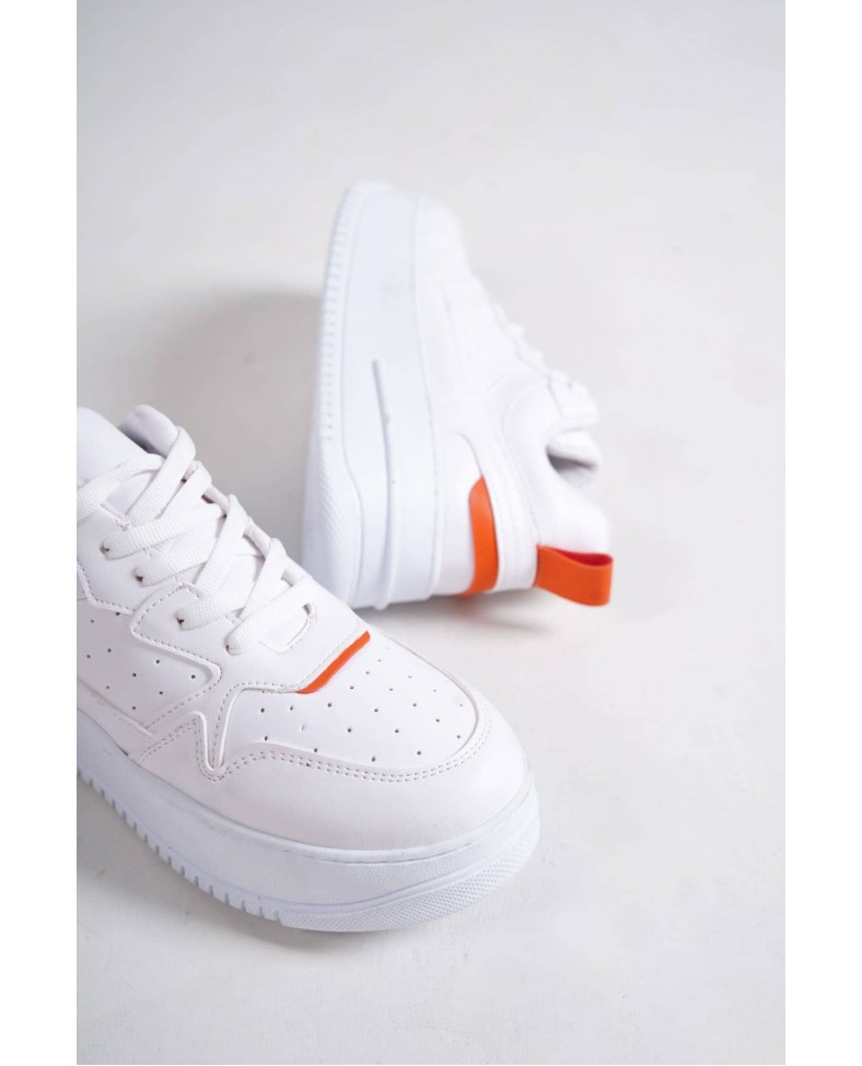 ALESSI Bağcıklı Ortopedik Taban Kadın Sneaker Spor Ayakkabı CBT - Beyaz/Turuncu