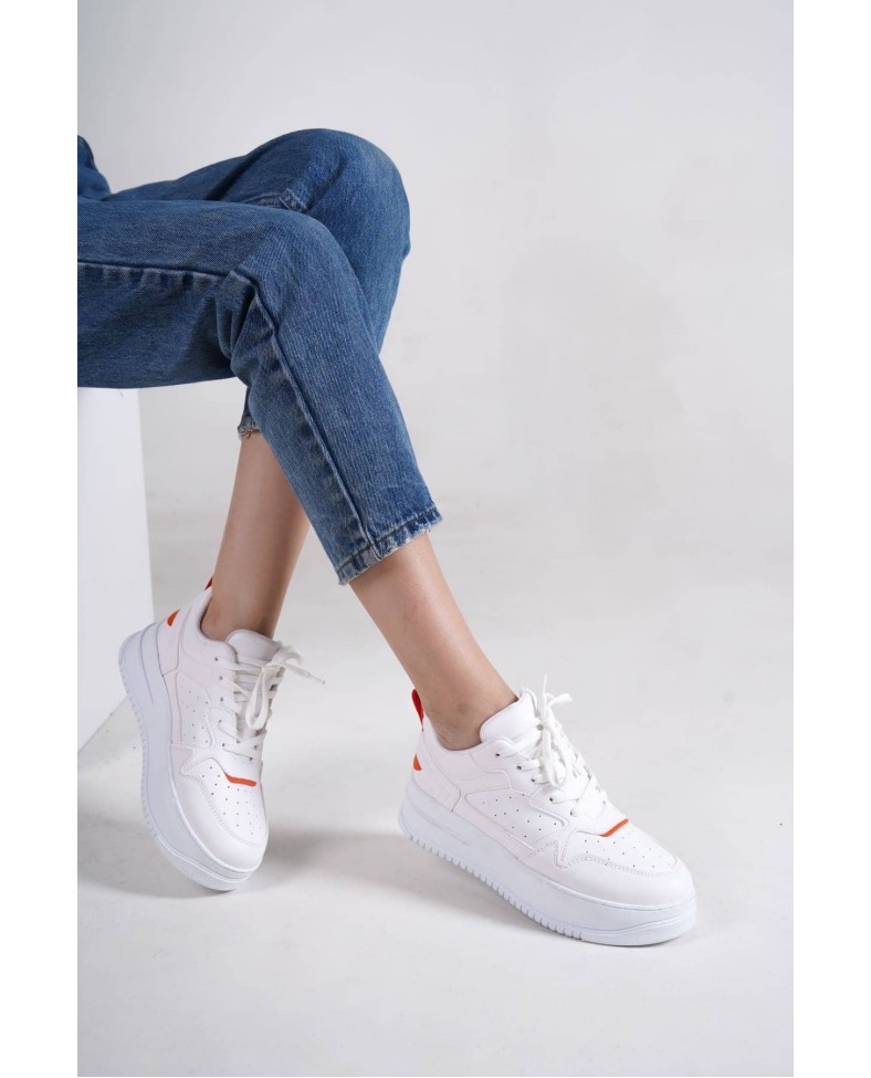 ALESSI Bağcıklı Ortopedik Taban Kadın Sneaker Spor Ayakkabı CBT - Beyaz/Turuncu