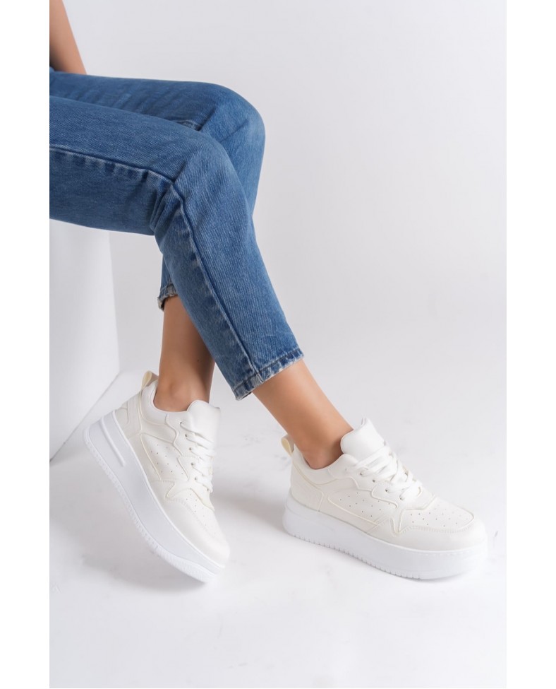 ALESSI Bağcıklı Ortopedik Taban Kadın Sneaker Spor Ayakkabı CBT - Kırık Beyaz