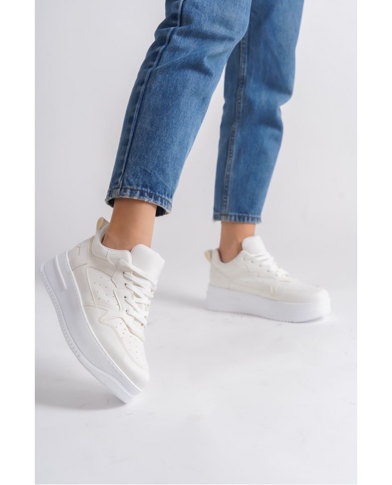 ALESSI Bağcıklı Ortopedik Taban Kadın Sneaker Spor Ayakkabı CBT - Kırık Beyaz