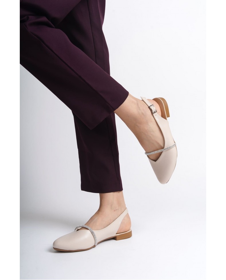 ALLISON Tokalı Ortopedik Rahat Taban Taş Detaylı Kadın Babet Ayakkabı  CKT - Krem