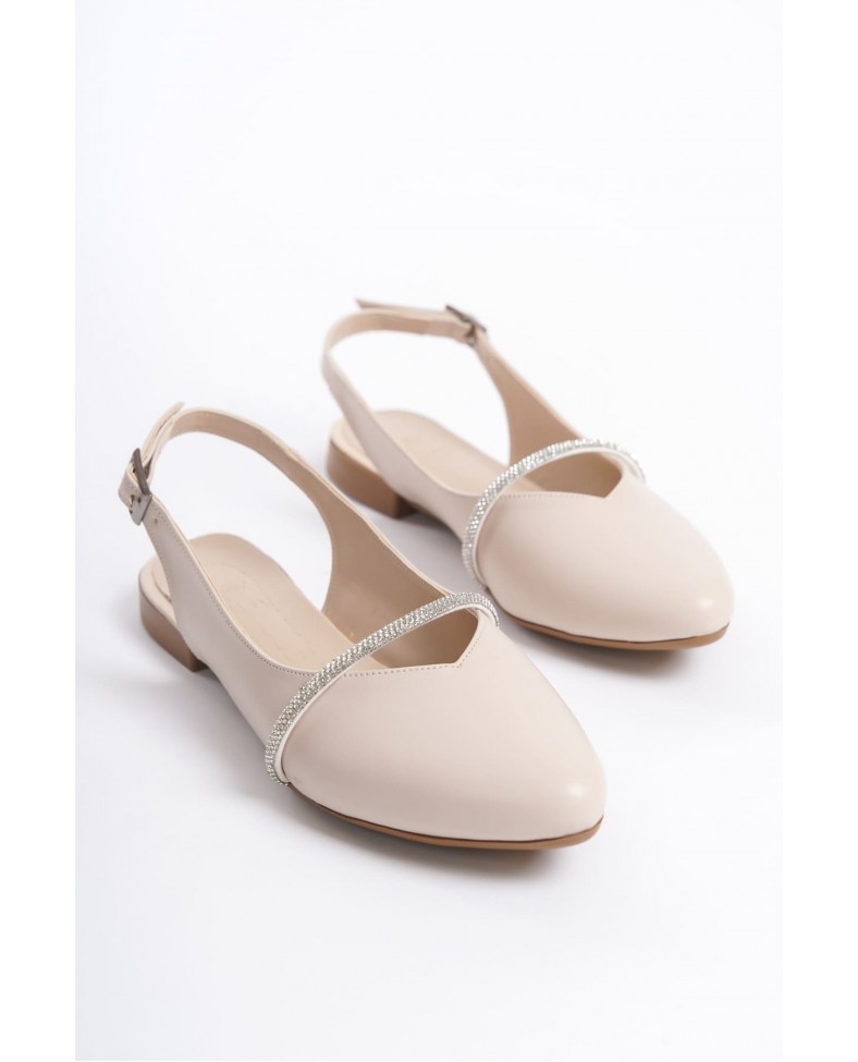 ALLISON Tokalı Ortopedik Rahat Taban Taş Detaylı Kadın Babet Ayakkabı  CKT - Krem