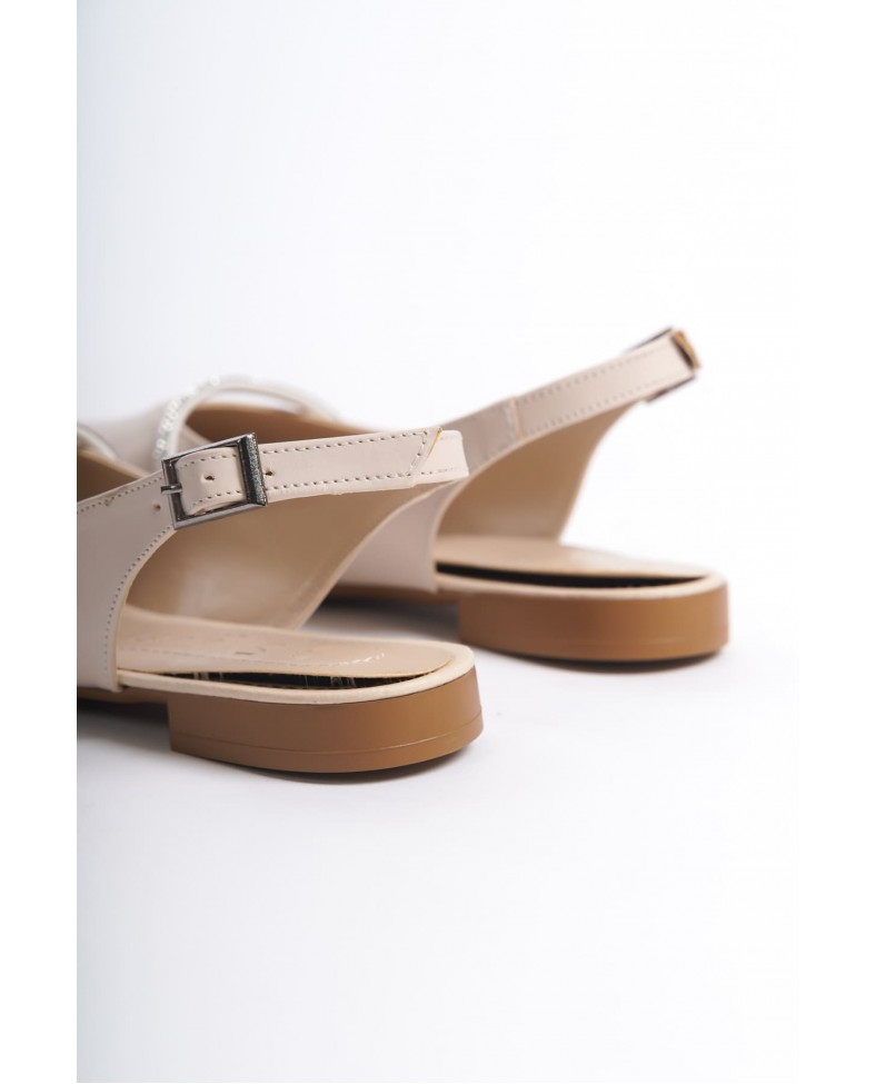 ALLISON Tokalı Ortopedik Rahat Taban Taş Detaylı Kadın Babet Ayakkabı  CKT - Krem