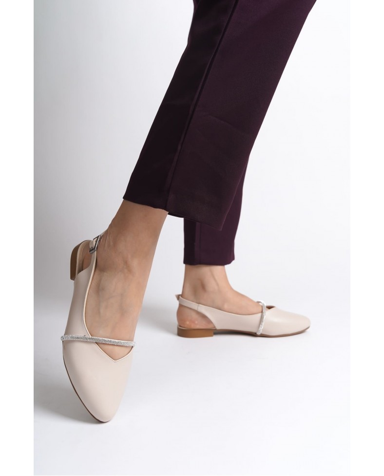 ALLISON Tokalı Ortopedik Rahat Taban Taş Detaylı Kadın Babet Ayakkabı  CKT - Krem