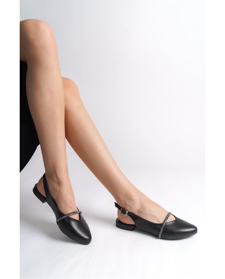 ALLISON Tokalı Ortopedik Rahat Taban Taş Detaylı Kadın Babet Ayakkabı  CST - Siyah