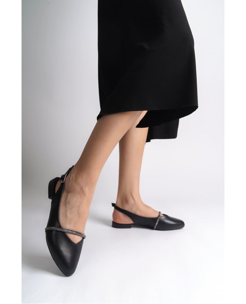 ALLISON Tokalı Ortopedik Rahat Taban Taş Detaylı Kadın Babet Ayakkabı  CST - Siyah