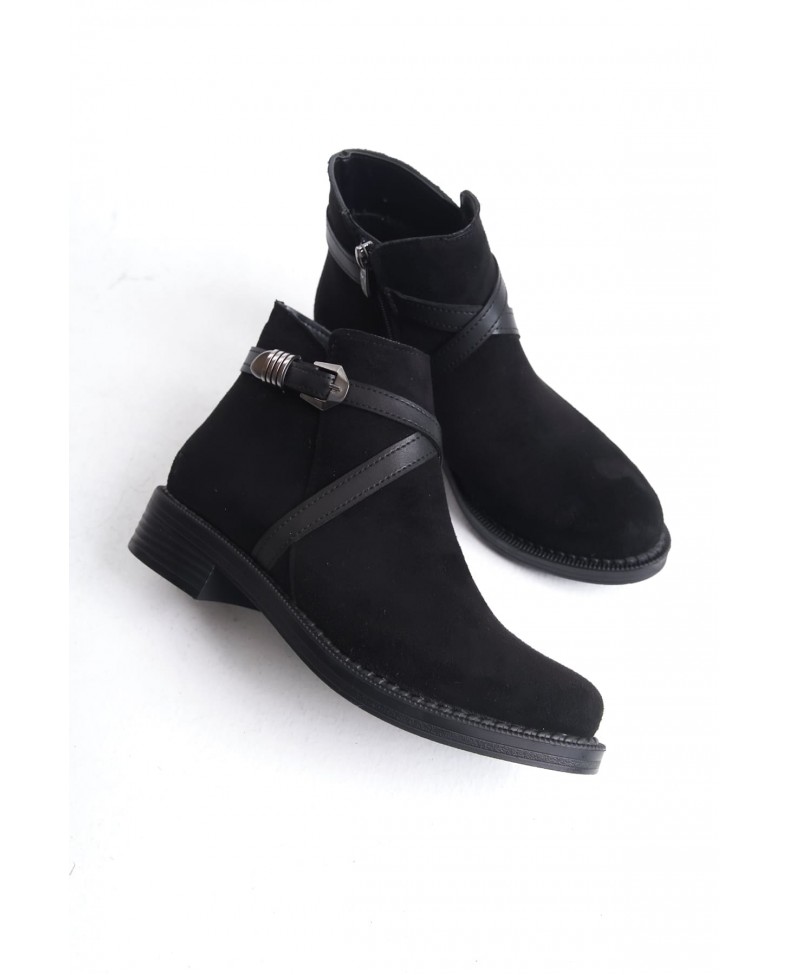 ALMILA Fermuarlı Lastikli Ortopedik Taban Topuklu Süet Kadın Bot SST - Siyah Somersan Giyim | Kadın, Erkek ve Çocuk Moda