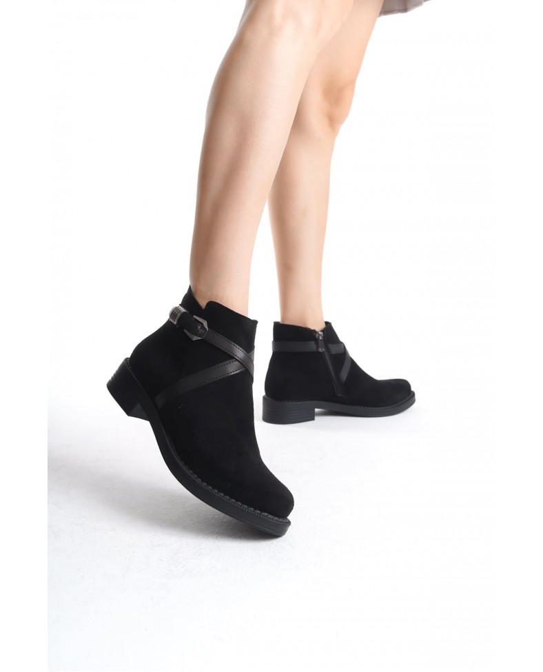 ALMILA Fermuarlı Lastikli Ortopedik Taban Topuklu Süet Kadın Bot SST - Siyah Somersan Giyim | Kadın, Erkek ve Çocuk Moda