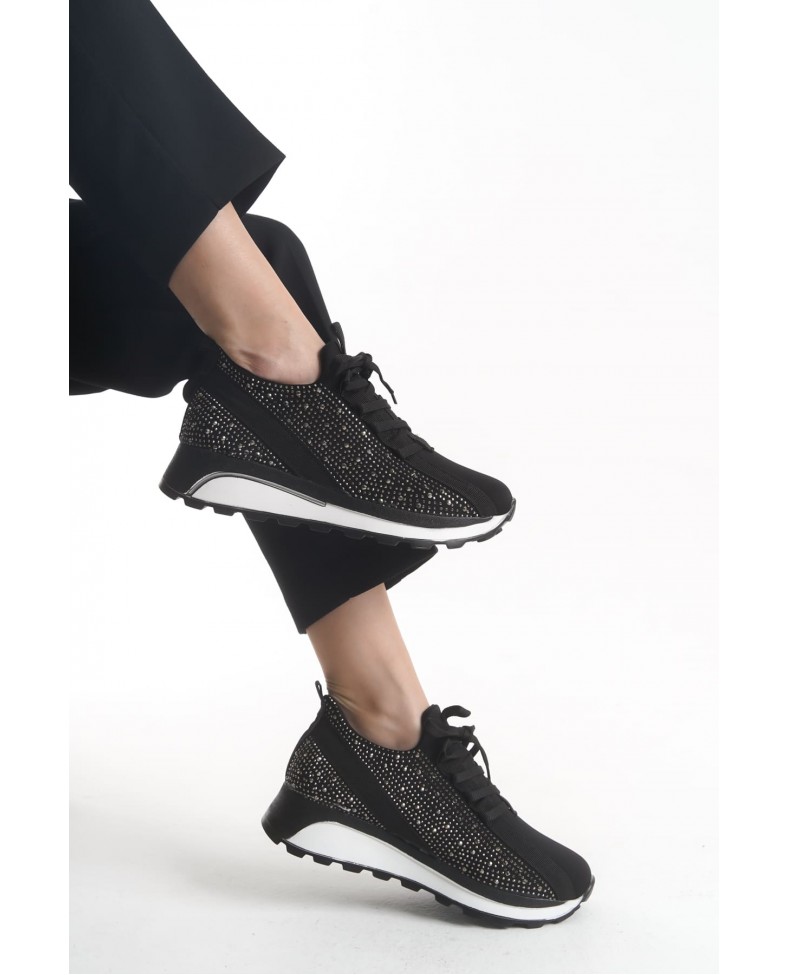 ALYA Bağcıklı Ortopedik Taban Taşlı Kadın Sneaker Spor Ayakkabı CBT - Siyah
