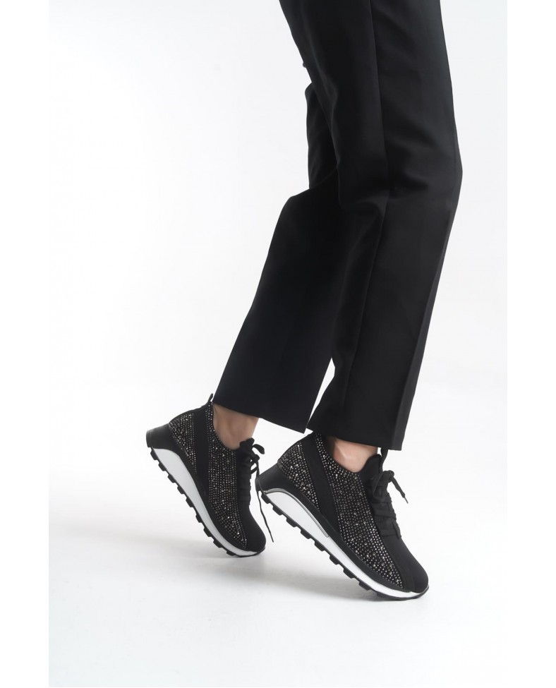 ALYA Bağcıklı Ortopedik Taban Taşlı Kadın Sneaker Spor Ayakkabı CBT - Siyah