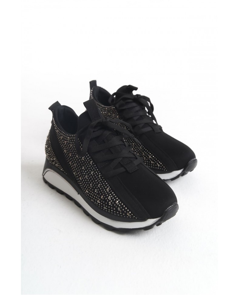 ALYA Bağcıklı Ortopedik Taban Taşlı Kadın Sneaker Spor Ayakkabı CBT - Siyah