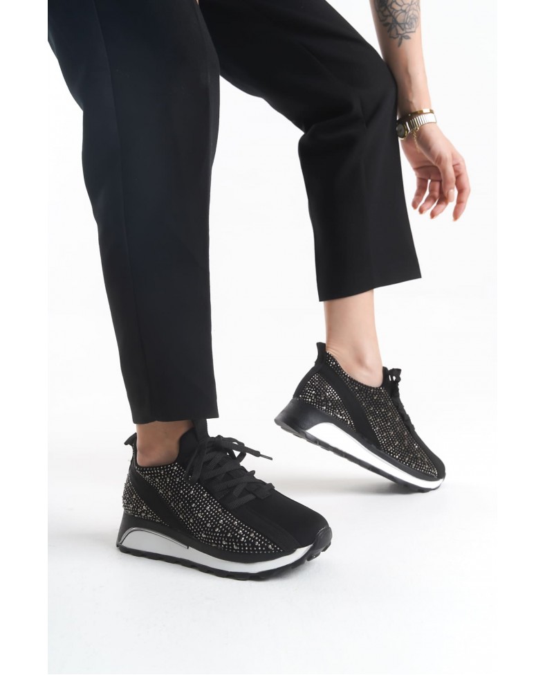 ALYA Bağcıklı Ortopedik Taban Taşlı Kadın Sneaker Spor Ayakkabı CBT - Siyah