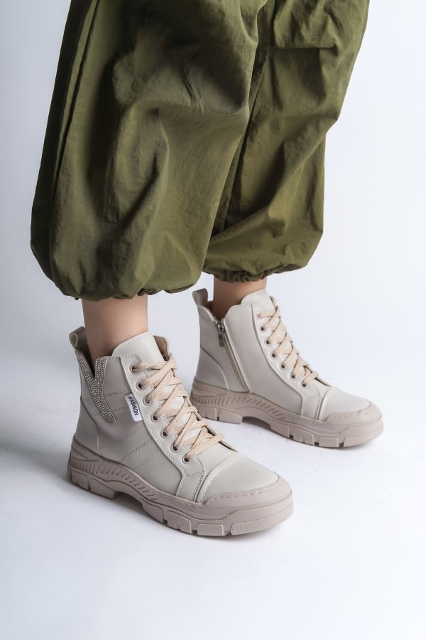 AMBER Bağcıklı Fermuarlı Ortopedik Taban Kadın Bot  CKT - Krem