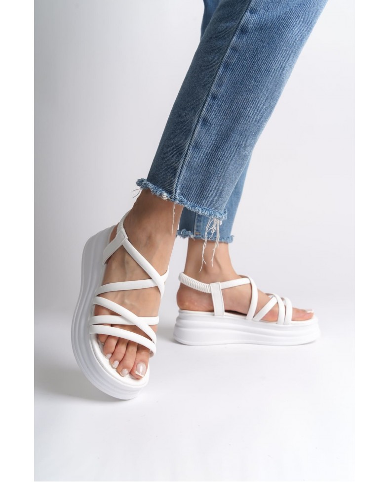 BELLA Lastikli Şerit Detaylı Ortopedik Taban Kadın Sandalet CBT - Beyaz Somersan Giyim | Kadın, Erkek ve Çocuk Moda